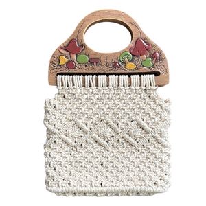 Handcrafted Cream Vintage 70’s Macramé Bag with Mushroom Design Wooden Handles
